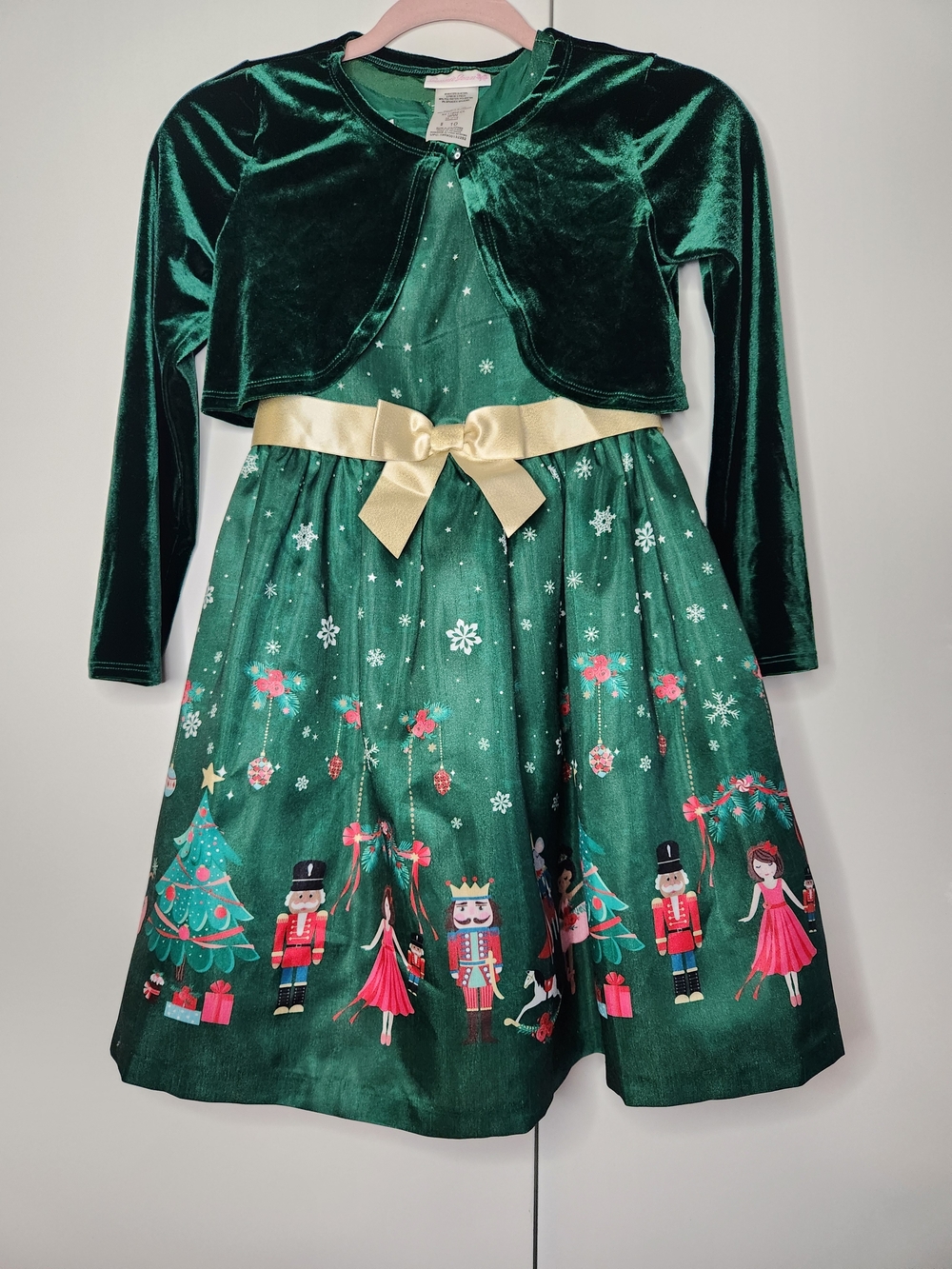 Girls' Green Nutcracker Holiday Dress with Velvet Bolero